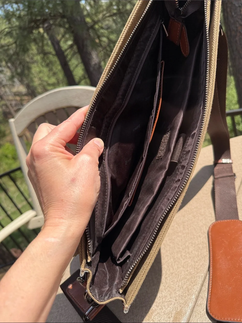 Canvas Messenger Bag with Leather-like Trim - Brown